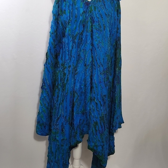 Women's Blue Textured Asymmetrical Wide Leg Shoulder Tie Pockets Jumpsuit Romper - Picture 4 of 14